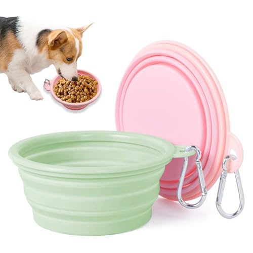 MKEAWWU Ciotola Portatile Per Cani Pieghevole Silicone, 2 Pezzi Da Viaggio Con Moschettone, 350 Ml, Rosa E Verde