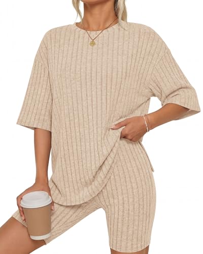 Image of KIRUNDO Short Sets For Women Summer 2 Piece Matching Lounge Sets Casual Rib Knit Tshirts Biker Shorts Beach Vacation Outfits