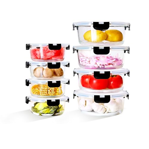 8 Piece Black Glass Container Set (20.9+43.9 OZ) - Round Meal Prep Containers With Lids for Microwave, Oven, Freezer and Dishwasher