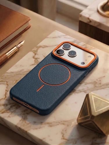 Image of amazon basics Luxury MagSafe Compatible Leather Texture Back Cover for iPhone 17 Pro Max | Raised Camera Protection | Slim Fit Shockproof Case with Metallic Accents (Dark Blue)