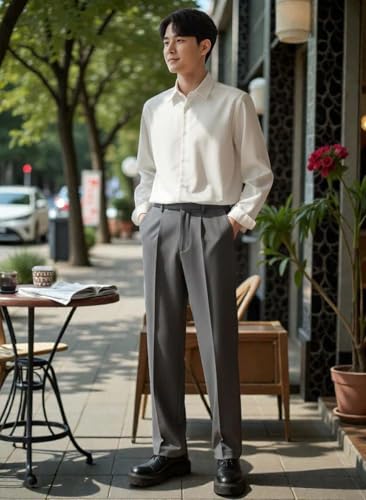Image of KOTTY Men's Wide Leg Casual Style Korean Trousers with Relaxed Fit Tailoring Modern Structured Design for Professional Wear