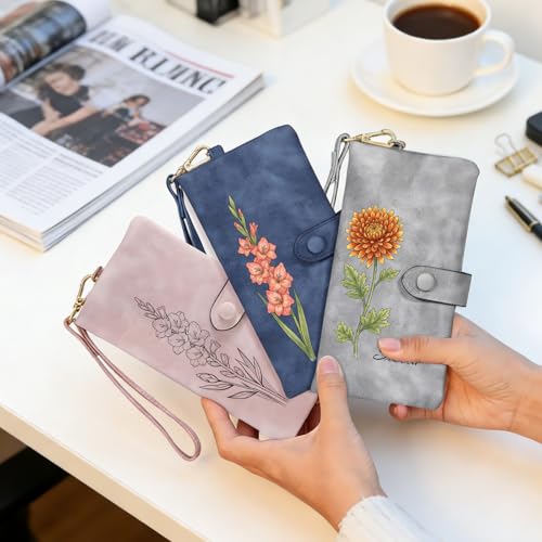Image of Custom Wallet for Women Personalized Birth Flower & Name Purse Soft Leather Bifold Clutch with Strap Customized Gift for Mom Girlfriend