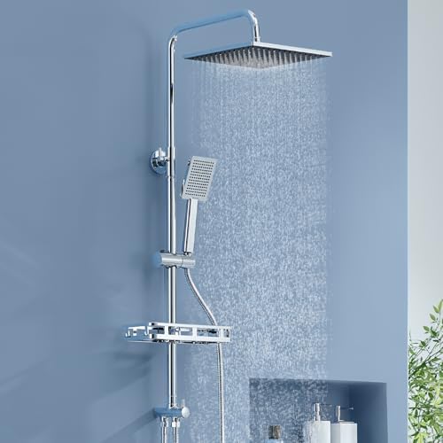 Auralum Regendusche ohne Duscharmatur, Edelstahl Duschsystem mit Bohrfree-ablage, Dusche Komplettset mit Messing-Wasserteiler, 25cmx25cm Duschkopf, Höhenverstellbare Duschstange mi