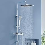 Auralum Regendusche ohne Duscharmatur, Edelstahl Duschsystem mit Bohrfree-ablage, Dusche Komplettset mit Messing-Wasserteiler, 25cmx25cm Duschkopf, Höhenverstellbare Duschstange mit Regendusche, Chrom