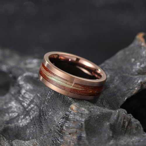 King Will 8mm Mens Tungsten Wedding Band Gorgeous Golden/Silver/Brown Flat Pipe Cut Carbide Ring Yellow/White/Mocha Green Sand Inlay Men's Engagement Ring Matte Brushed Finish Comfort Fit Size 7-143