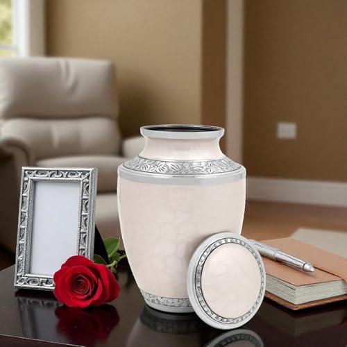 Image of ALPHA Living HOME Cremation Urns for Human Ashes - Adult Memorial Urn - Metal Funeral Urn with Elegant Finish - Secure Screw-Top Lid - Durable, Decorative Urn for Home 10.5 inch (Ivory Silver)