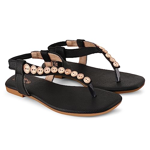 Image of JM LOOKS Fashion Black Stylish Flat sandal Casual Flat Fancy Solid Comfortable Sole For Womens & Girls