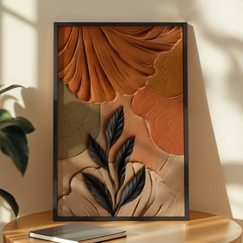 Image of NoWorries 3D Abstract Leaf Wall Painting with Frame Set of 1 | Premium Textured Black Leaf Artwork, Earthy Terracotta Botanical Wall Decor for Living Room, Bedroom, Office and Home Decoration (3d Art-15,13x19inch)