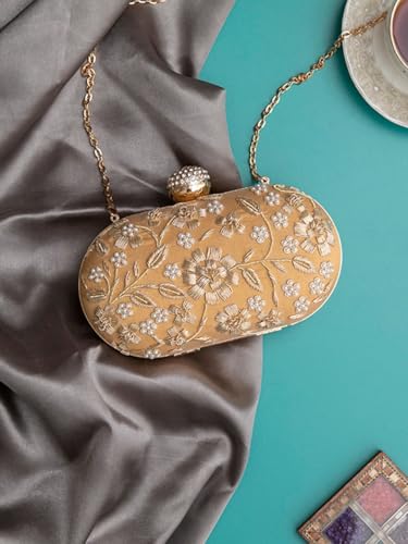 Image of THE TAN CLAN Hand Embroidered Luxury Clutch Purse for Women | Evening Hand Clutch Bag | Ladies Party Wedding Purse with Chain Strap | Ethnic Woman Handbag Gift for Birthday, Anniversary