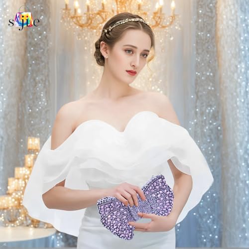 Image of Handmade Inlay Rhinestone Bow Clutch Bag for Women, Sparkling Evening Party Wedding Purse with Detachable Pearl Chain