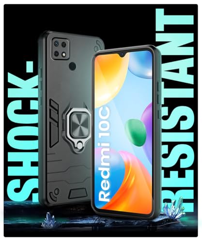 Image of WOW IMAGINE Shock Proof Back Case Mobile Cover for Mi Redmi 10C | Back Cover Case (Tough Armor | Hybrid PC + TPU | Ring Holder & in-Built Kickstand | Black)