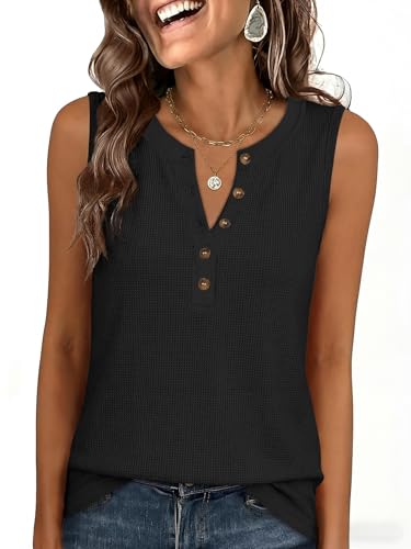 ANRABESS Womens Tank Top Waffle Knit Sleeveless Henley Shirts 2026 Summer Loose Button Up V Neck Dressy Casual Tops Clothes Black X-Large