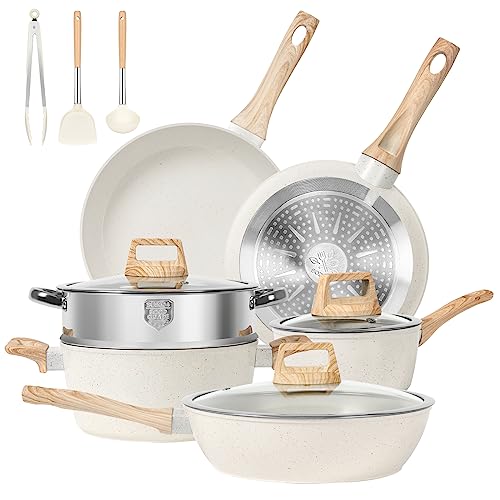 12 Piece Non-Stick Cookware Set, White Granite Induction Cookware, Non-Toxic Healthy Non-Stick Kitchen Cooking Set with Frying Pan Set, Crock Pot, Steamer (PFAS, PFOA, PFOS Free)