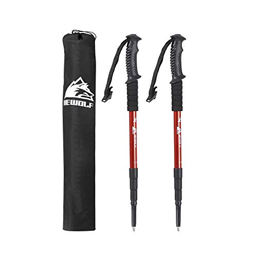 HEWOLF Par de bastones de trekking rojos Bastones telescópicos portátiles plegables Bastones de trekking ajustables de aluminio ligero con mango de espuma para trekking
