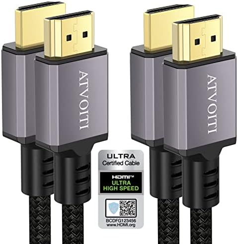 Atvoiti 8K HDMI 2.1 Cable 2M 2Pack, Certified 48Gbps Ultra High Speed Braided HDMI Cable Support 10K 8K60Hz 4K120Hz eARC HDCP 2.2&2.3 Dynamic HDR Dolby Atmos Compatible with PS5 HDTV Monitor and More
