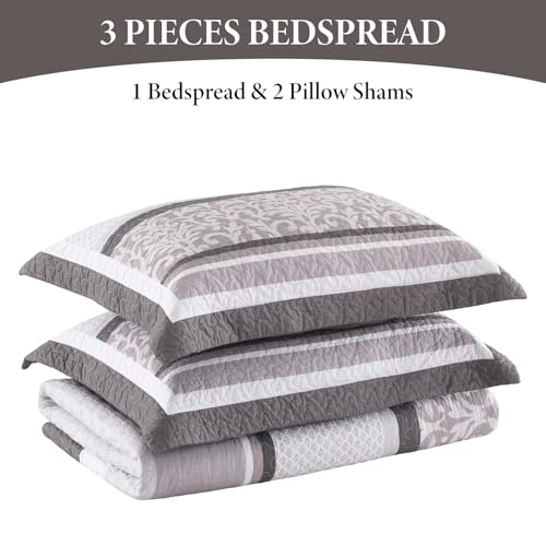 Bedduvit 100% Cotton 120"x128" Oversized California King Bedspreads - Farmhouse Botanical Cal King Bedspread Set, 3pcs Lightweight Rustic Striped Patchwork Extra Large Cotton Quilts, Brown/Gray/White - image 8