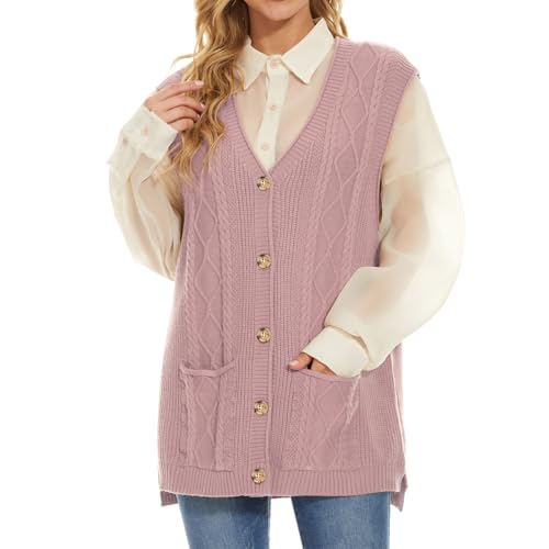 Hyipels Women's Sweater Vest,Long Cable Loose Knitted Sleeveless V Neck