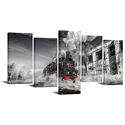 Canvbay 5 Pieces Red Train Canvas Wall Art Smoke Locomotive Train Wall Decor Black And White Steam Engine Painting Pictures Retro Vehicle Photo Poster Artwork Stretched And Framed For Living Room Bedroom #TOP30