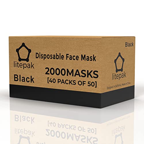 Image of Litepak 2000pcs Disposable Face Masks Black 3-Ply Adult Mask Nose Wire Protection - Breathable Protective Face Covering