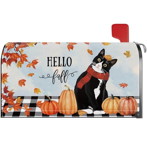 Image of Hello Fall Cat Pumpkin Maple Leaf Mailbox Cover Magnetic Standard Size 21x18 Inch Fall Autumn Decorative Post Letter Box Wrap Decor Garden Yard Decoration