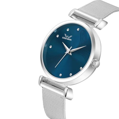 Image of LOUIS DEVIN Mesh-Type Stainless Steel Chain Analog Wrist Watch for Women (Black /Blue /Pink /Green Dial) | LD-L504-CH