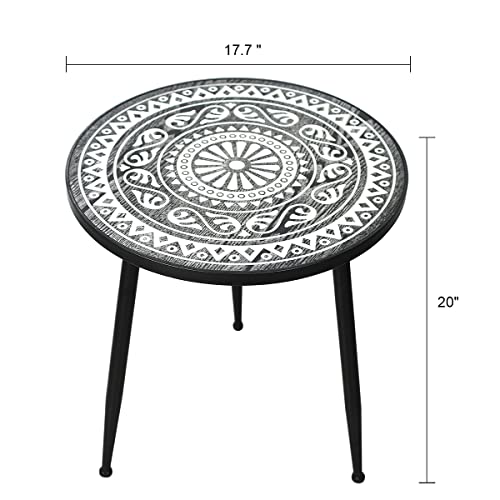 Moroccan Carved Style Round Side Table, Wooden End Table, Coffee Table,Nightstand/Small Tables For Living Room, Accent Tables, Side Table For Small Spaces,Easy-Assembly (Lron 17.7×20") #TOP5