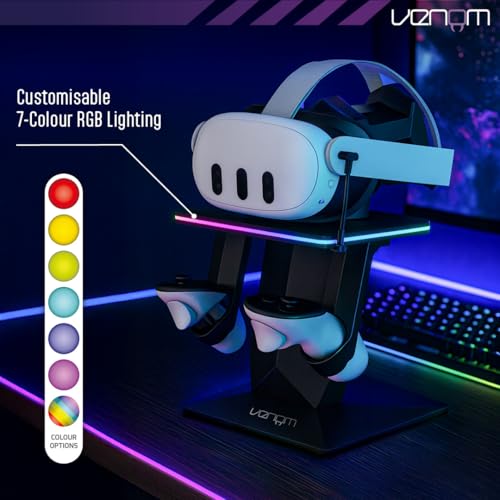 Venom RGB Charging Stand for Meta Quest 3S, Quest 3, Quest 2 & Quest Pro | USB-C Headset Charger & Display Stand with 7-Colour Lighting | VR Storage for Headset & Controllers