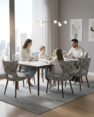Image of Wooden Dining Chairs Set of 2, Farmhouse Dining Room Chairs with Solid Wood Legs, Mid Century Fabric Kitchen Chairs, Upholstered Chair for Restaurant & Cafe- Jacquard