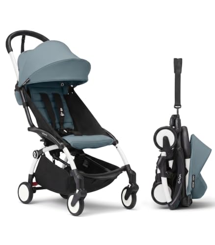 Image of Stokke YOYO3 Stroller from 6 Months - Includes White Frame /Aqua Seat Cushion + Canopy - Folds in & Out in a Flash - Light & Compact - Carry-On Compatible
