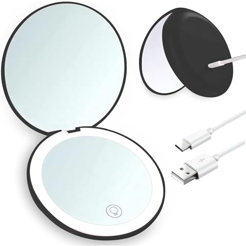 La mejor selección de Espejos de mano favoritos de las personas. 41 Espejos de Maquillaje con Luz LED, Aumento 1x/10x, Espejo de Bolsillo Portátil, Plegable Espejos de Mano, Espejo Recargable de Aumento para Bolso (Negro)