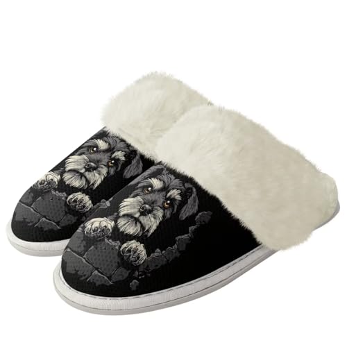 Howilath Dog Print Cotton Slippers with Fur Edges Warm House Shoes with Anti-Skid Sole Casual Novelty Fuzzy Slippers