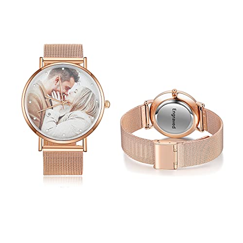 Personalized Photo Watches For Women Stainless Steel/Leather Strap Wrist Engraved Any Name Wrist Watch For Girlfriend Mother‘s Day (Pink) #TOP7