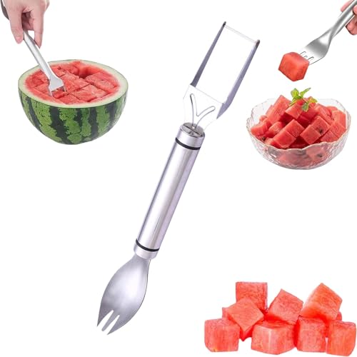 2-in-1 Stainless Steel Fruit Cutter, Watermelon Fork Slicer Cutters Tool, Portable Dual Head Fruit Forks Slicer Knife, Watermelon Fork Slicers Cutter for Home Kitchen Camping Gadgets (1PC)