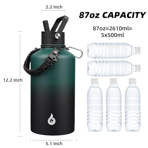 Image of BJPKPK 2 /3 Gallon Water Bottle with Straw Lid, 87oz Large, Stainless Steel Water Bottles with 3 Lids and Paracord Strap, Double Wall Vacuum Metal Jug, Army Green & Black