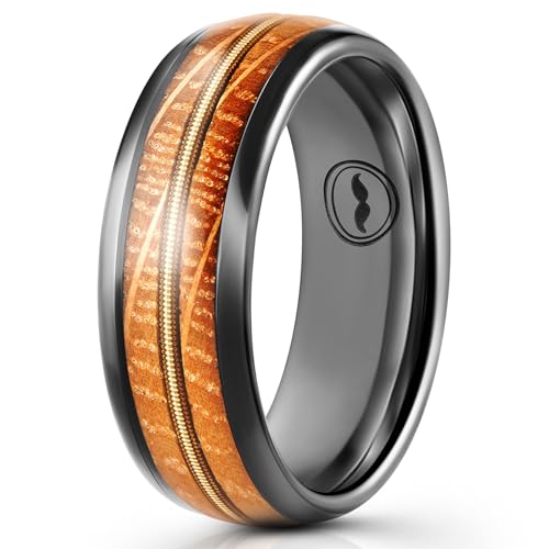 Men's Tungsten Carbide Wedding Band- Premium Grade Whiskey Barrel Wood with Guitar String Inlay Ring for Men(Black)-Includes Silicone Band, Leather Drawstring Pouch, & Luxury Walnut Box