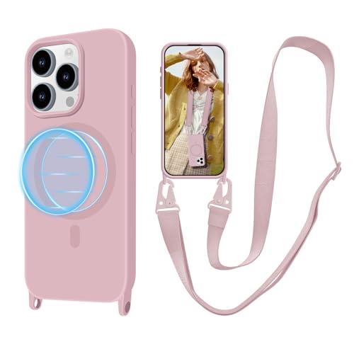 Coque iPhone 15 Pro MagSafe magnétique étui antichoc sangle rose