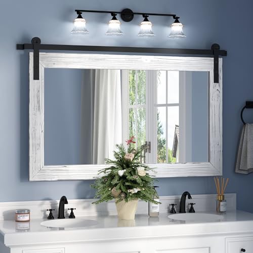 Image of COGOOD Farmhouse Barn Door Mirror - 41 inch x 26 inch Rustic Wood Framed Wall Mirror for Bathroom, Living Room, Bedroom Wall Decor (White)