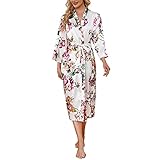 HEARTNICE Satin Robe for Women Floral Print Lightweight Long Kimono Robe Soft Ladies Sleepwear (Whit