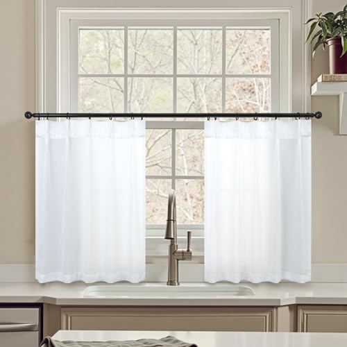 White Pinch Pleated Curtains with Hooks Kitchen Cafe Curtains 24 Inch Length for Small Window Treatments 2 Panels Tier Semi Sheer Linen Short Bathroom Curtain for Closet Door Coverings 24x24 Long