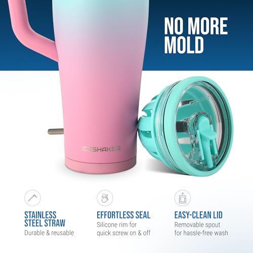 Image of Ice Shaker 40 oz Tumbler with Handle and Straw | 40oz Pink Mint | Cold for 30+ Hours | 2-in-1 Tumbler Shaker Bottle | Odor-Free 40 ounce Bottle for Water, Protein Shakes, Smoothies, Cocktails