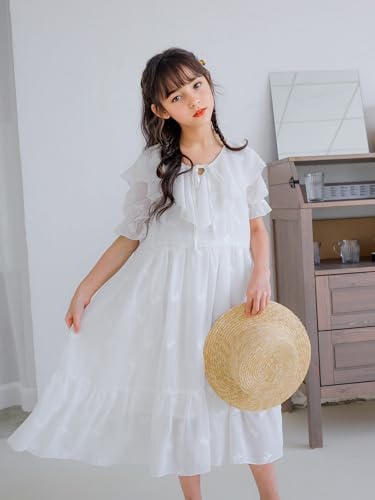 New 5-15Years Girls Vintage White Dress Ruffle Puff Sleeve Embroidered Midi Dress3