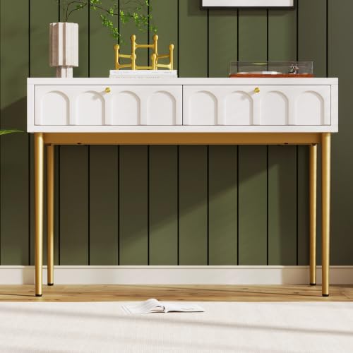 Merax Dressing Table with 2 Drawers, Chest of Drawers for Bedroom, White Sideboard with Arched Design, Cream-White, 76.5H x 100W x 45D cm
