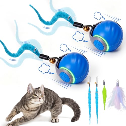 Image of BABORUI 2Pack Blue Interactive Cat Toy Ball - Automatic Interactive Cat Toys for Indoor Cats with 3 Tails, 2 Speeds Rechargeable Enrichment for Small /Medium /Large to Keep Them Busy
