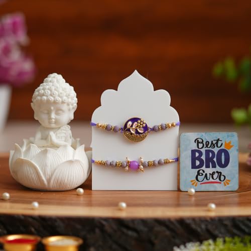 Image of eCraftIndia Set of 2 Designer Rakhis for Brother with Meditating Buddha Showpiece, Best Bro Ever Fridge Magnet & Roli Chawal Pack | Purple Designer Rakhi | Raksha Bandhan Gift