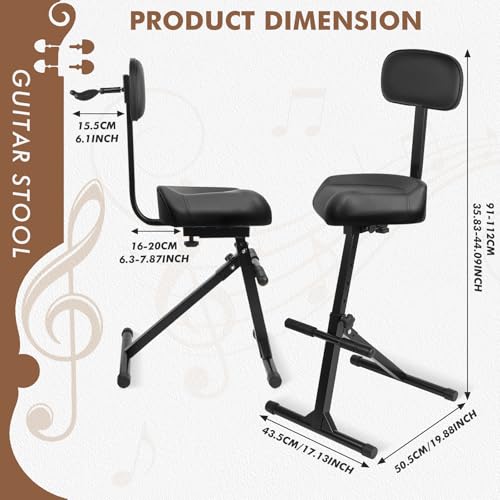 Image of Saddle Guitar Stool with Back Support and Guitar Hanger, Height Adjustable Saddle Seat, Musician Stool Guitarist Throne Guitar Chair, Black