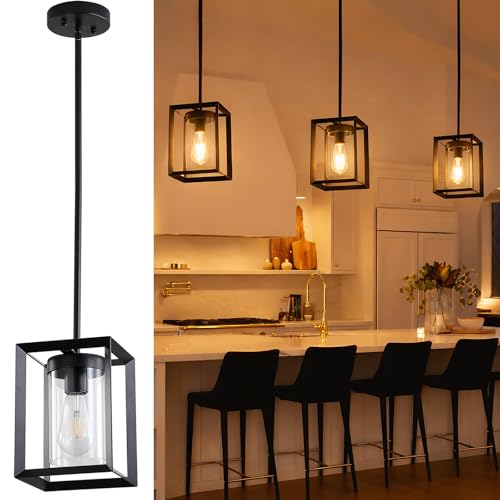 Sheenkarion 1 Pack Farmhouse Black Kitchen Island Pendant Light Fixture,Height Adjustable Metal Rod...