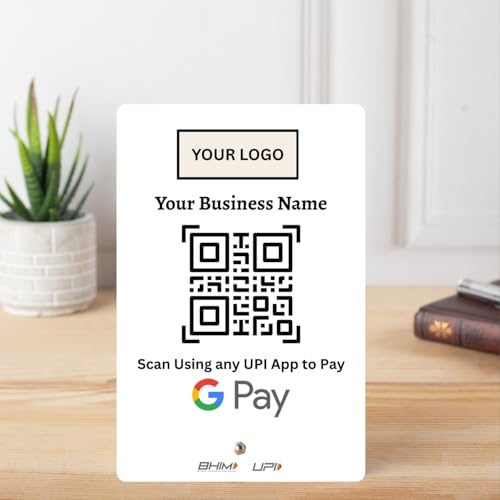 Image of UPI Payment Standee | Custom Acrylic Stand with QR Code, Logo & Business Name | Compatible with All Major UPI App | Design 3