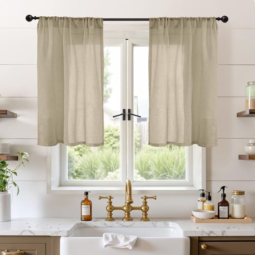 Image of BGment Short Linen Curtains 40 Inches Long for Cafe Kitchen - Camel Semi Sheer Light Filtering Small Half Window Drapes with Rod Pocket Textured Lightweight, 2 Panels Set, Each 30 Inch Wide
