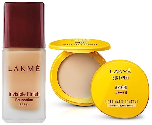 Image of LAKME Sun Expert Ultra Matte Light Coverage Spf 40 Pa+++ Compact, 7G And Invisible Finish Spf 8 Pressed Foundation, Shade 01, 25Ml