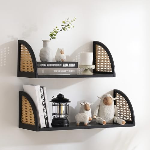 PJCOLL Rattan Wall Shelf 16inch Floating Shelves Rustic Wood Wall Mounted Storage Shelves for Living Room Bathroom Kitchen Boho Wall Decor，Black